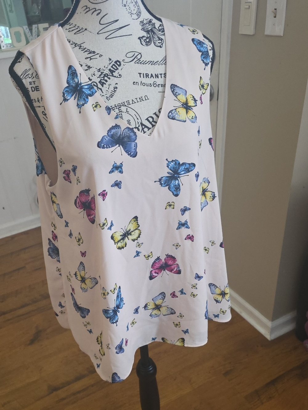 Cato Pink Tank with Yellow and Blue Butterfly Print